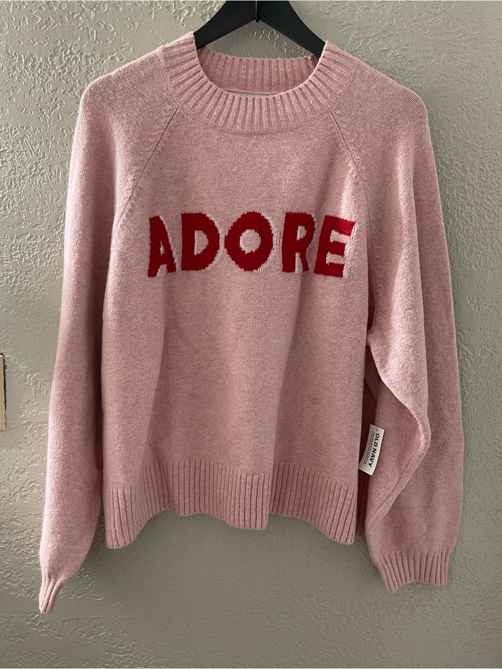 NWT Old Navy Soft Cozy Pink Crewneck Sweater with Red ADORE Lettering XL